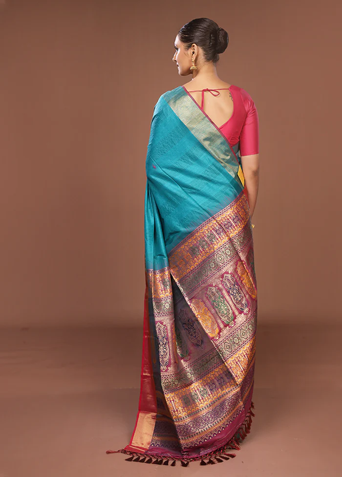 Green Dupion Silk Saree With Blouse Piece - Image 3