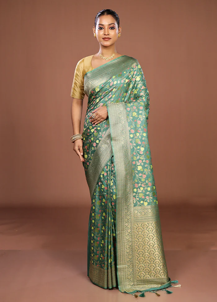 Green Dupion Silk Saree With Blouse Piece - Image 2