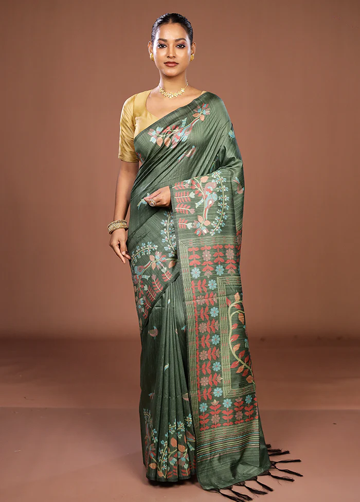 Green Dupion Silk Saree With Blouse Piece - Image 2