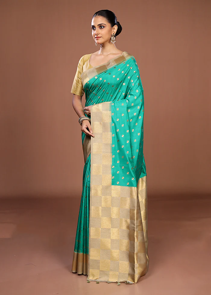 Green Dupion Silk Saree With Blouse Piece - Image 4