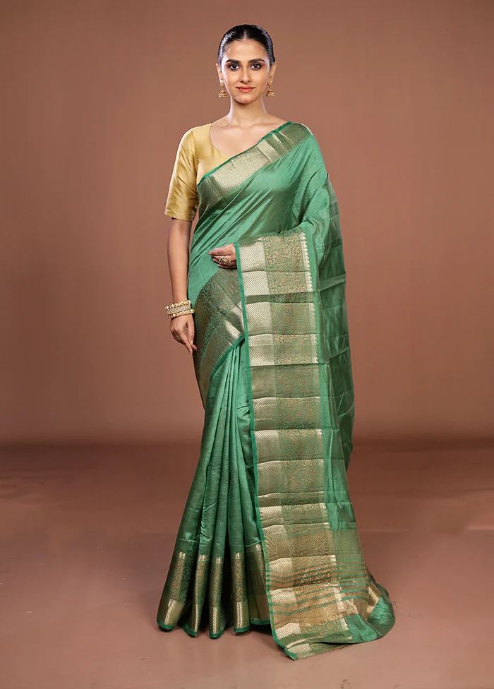 Green Dupion Silk Saree With Blouse Piece - Image 2