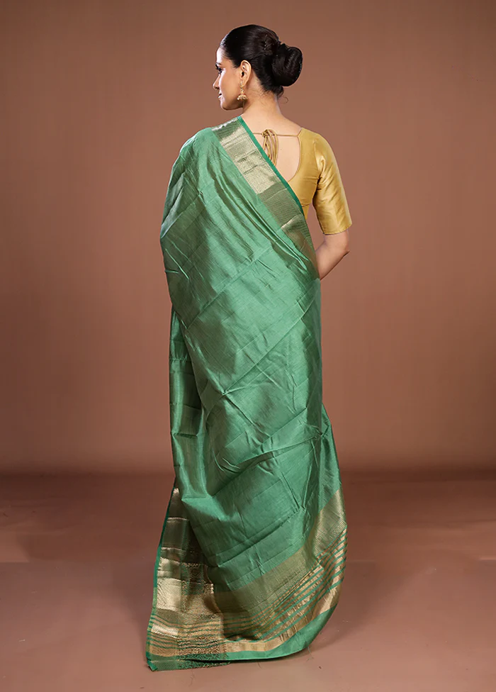 Green Dupion Silk Saree With Blouse Piece - Image 3
