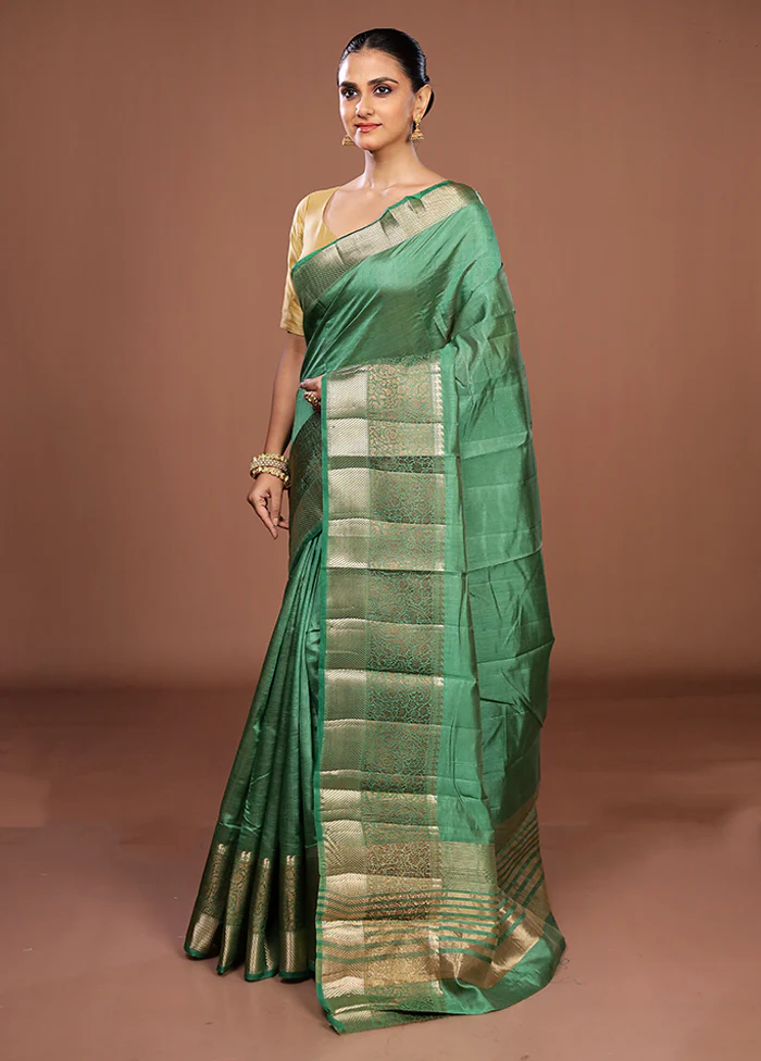 Green Dupion Silk Saree With Blouse Piece - Image 4