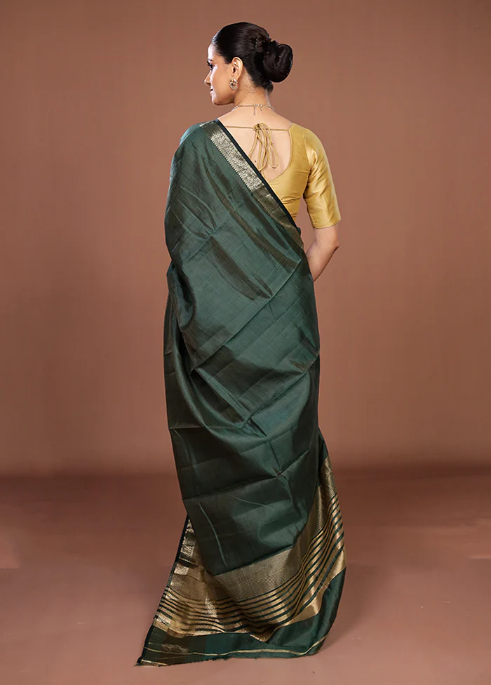 Green Dupion Silk Saree With Blouse Piece - Image 3