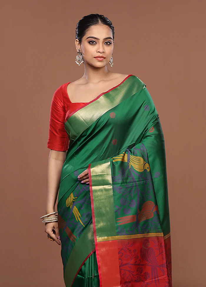 Green Dupion Silk Saree With Blouse Piece