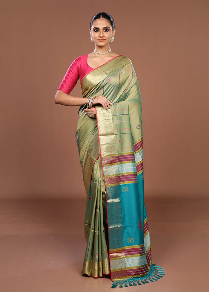 Green Dupion Silk Saree With Blouse Piece - Image 2