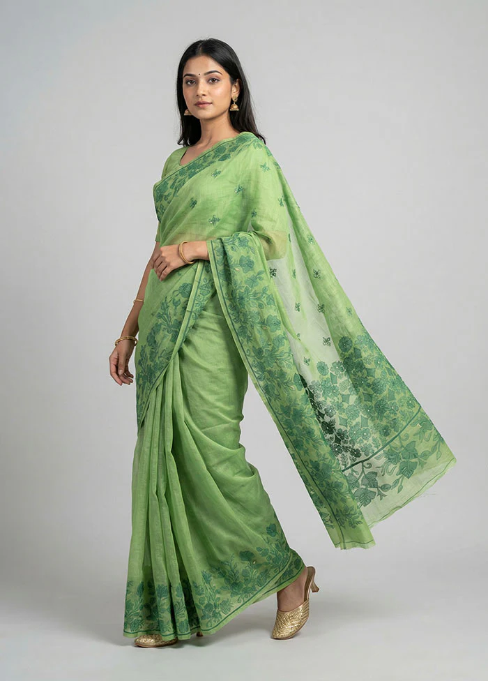 Green Dupion Silk Saree With Blouse Piece