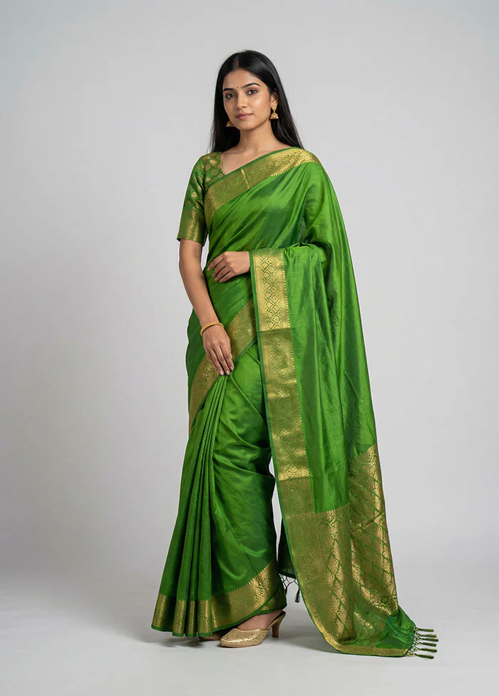 Green Dupion Silk Saree With Blouse Piece