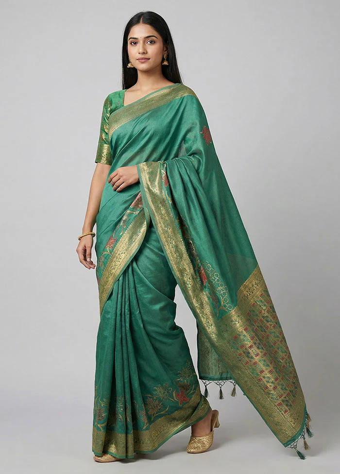 Green Dupion Silk Saree With Blouse Piece