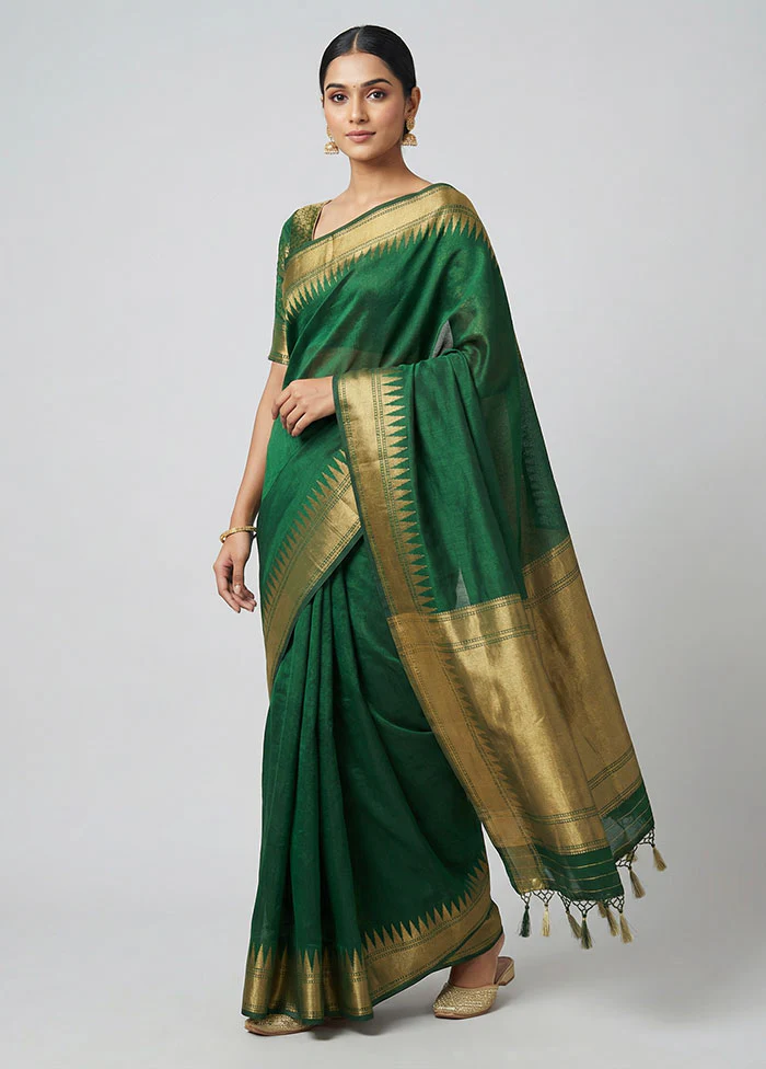 Green Dupion Silk Saree With Blouse Piece