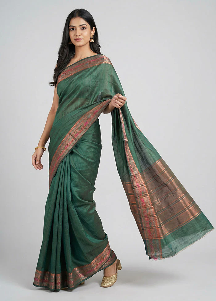 Green Dupion Silk Saree With Blouse Piece