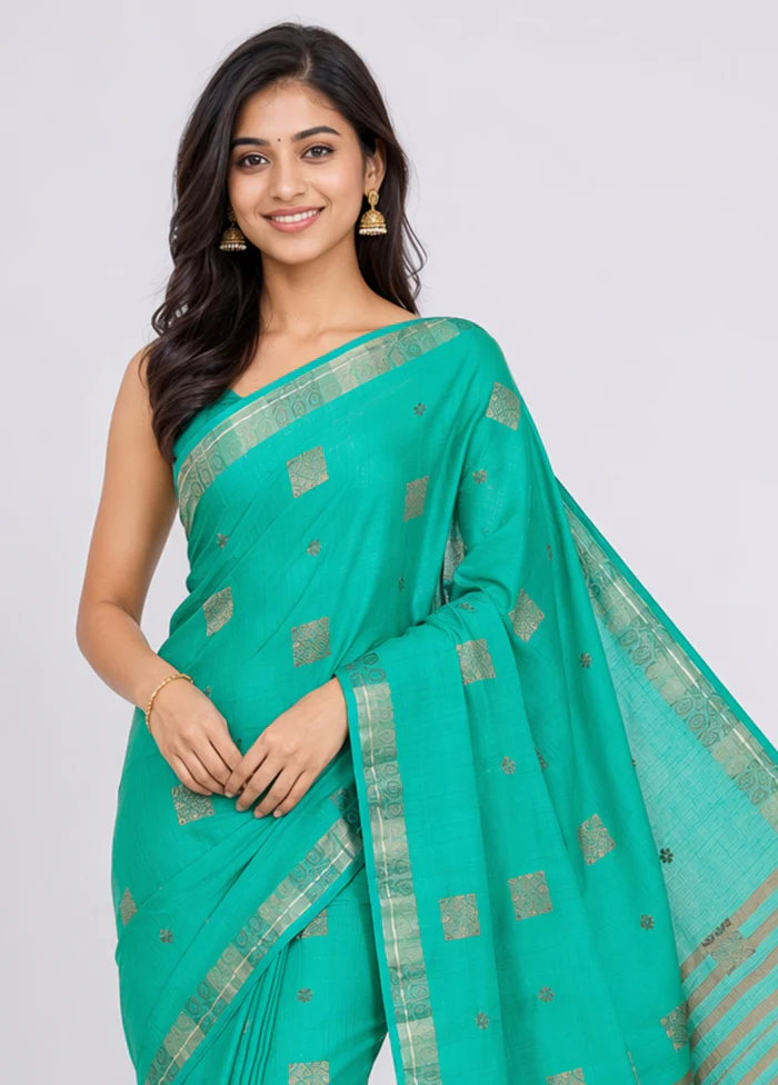 Green Dupion Silk Saree With Blouse Piece - Image 2
