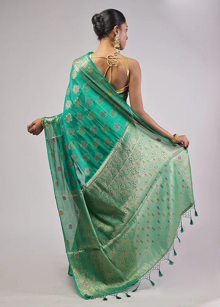 Green Dupion Silk Saree With Blouse Piece - Image 3