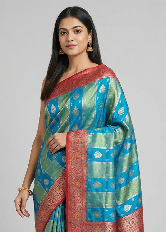 Green Dupion Silk Saree With Blouse Piece - Image 2