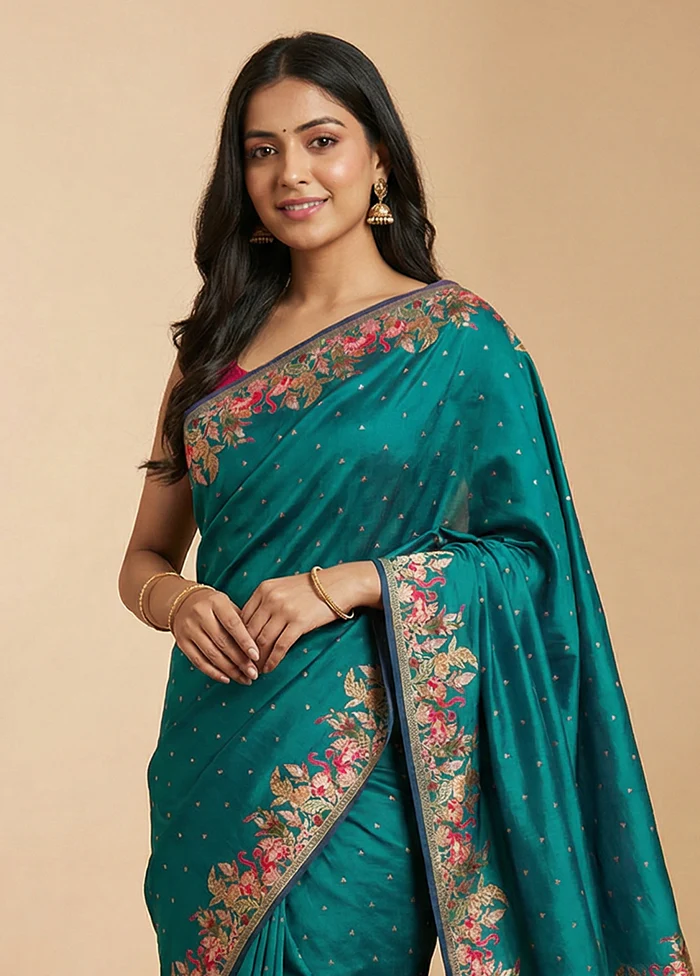 Green Dupion Silk Saree With Blouse Piece - Image 2