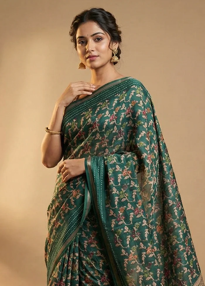 Green Dupion Silk Saree With Blouse Piece - Image 2