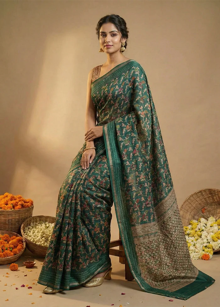 Green Dupion Silk Saree With Blouse Piece - Image 3