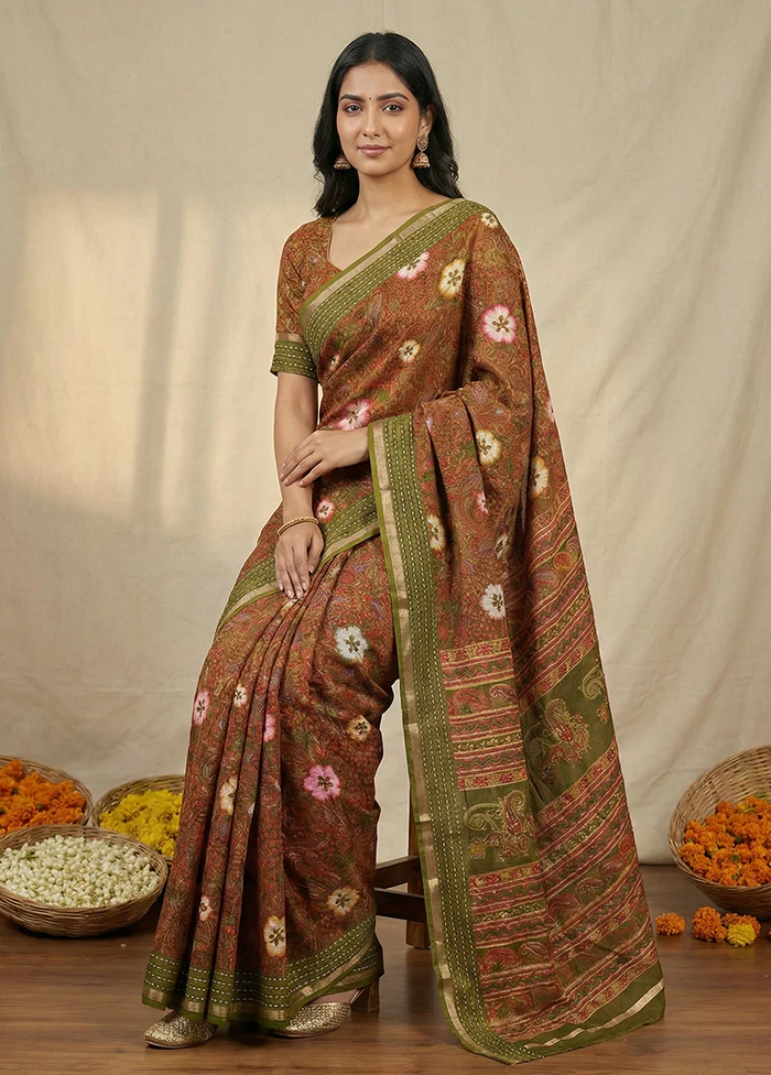 Green Dupion Silk Saree With Blouse Piece - Image 3