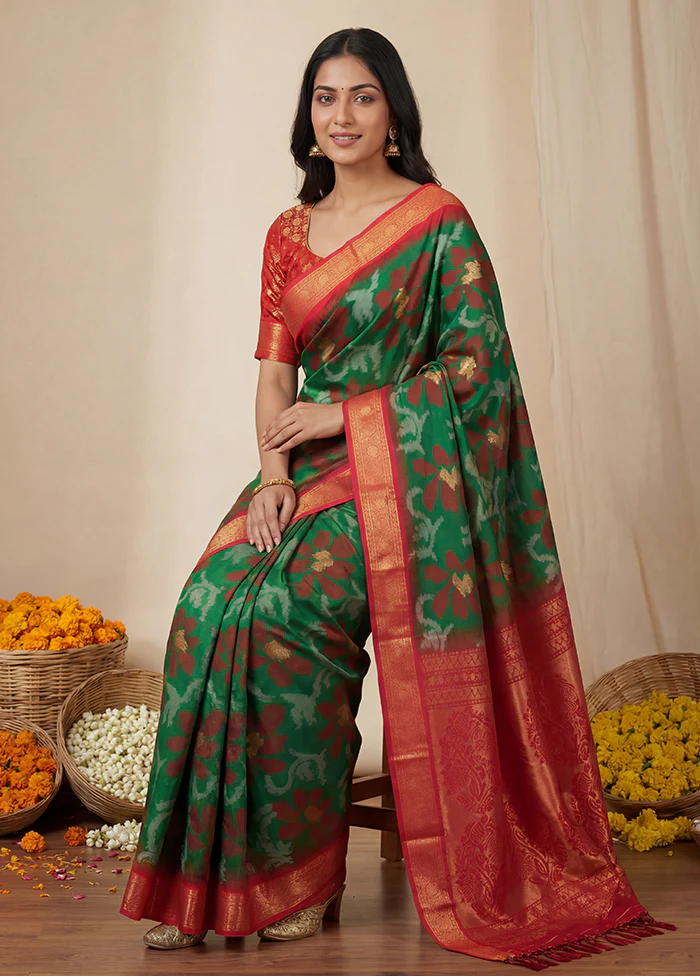 Green Dupion Silk Saree With Blouse Piece - Image 3
