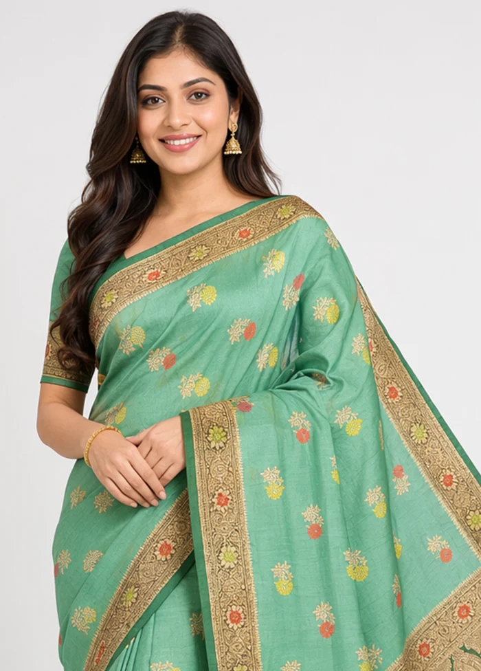 Green Dupion Silk Saree With Blouse Piece - Image 2