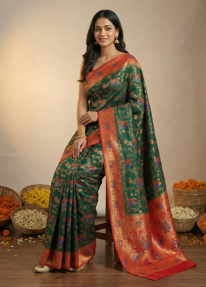 Green Dupion Silk Saree With Blouse Piece - Image 3
