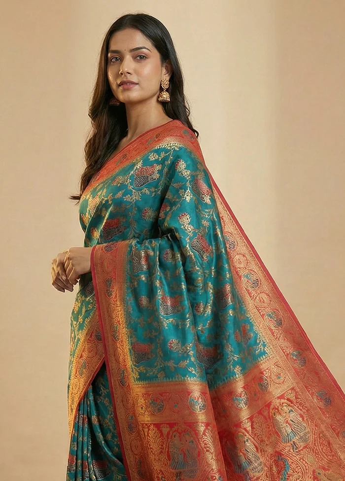 Green Dupion Silk Saree With Blouse Piece - Image 2
