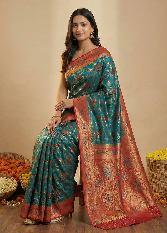 Green Dupion Silk Saree With Blouse Piece - Image 3