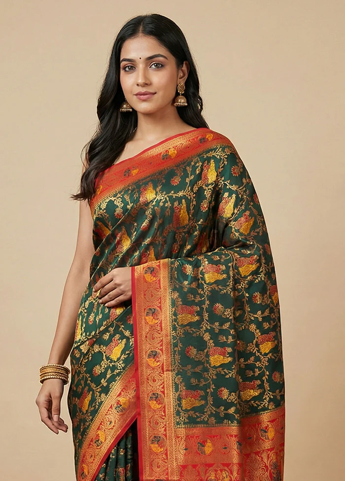 Green Dupion Silk Saree With Blouse Piece - Image 2