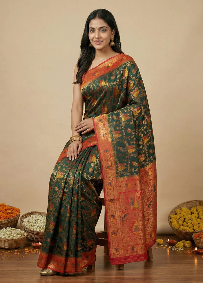Green Dupion Silk Saree With Blouse Piece - Image 3