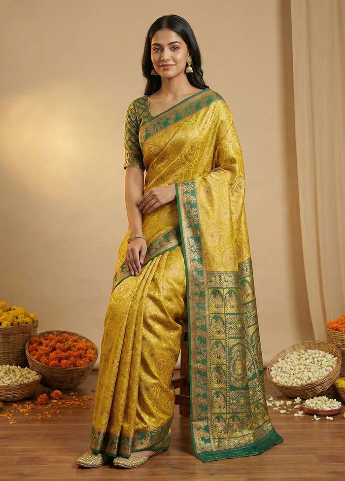 Green Dupion Silk Saree With Blouse Piece - Image 3