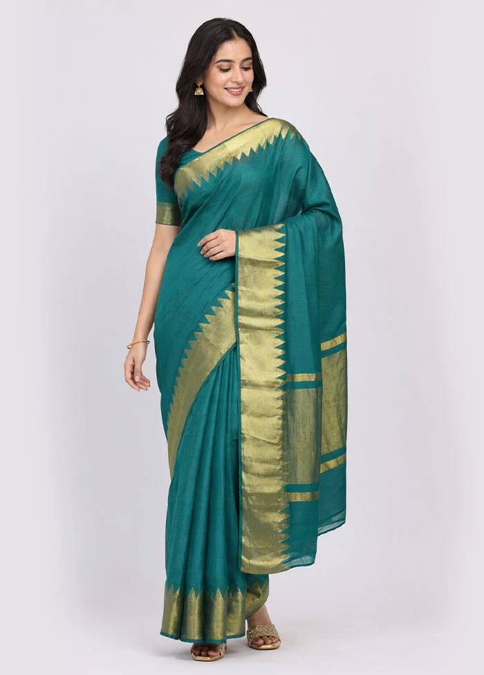 Green Dupion Silk Saree With Blouse Piece