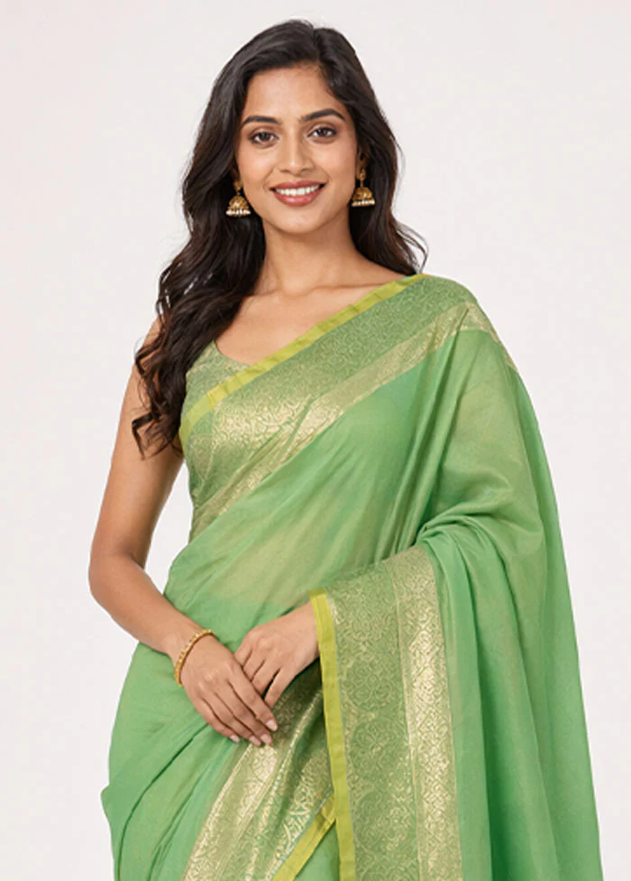 Green Dupion Silk Saree With Blouse Piece - Image 2