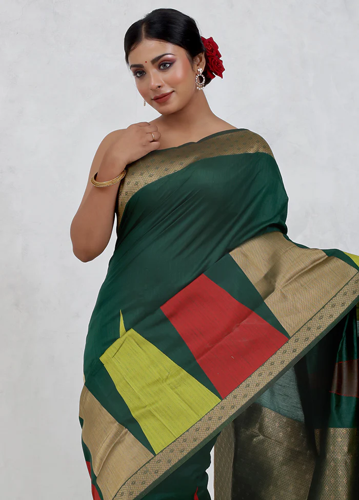 Green Dupion Silk Saree With Blouse Piece