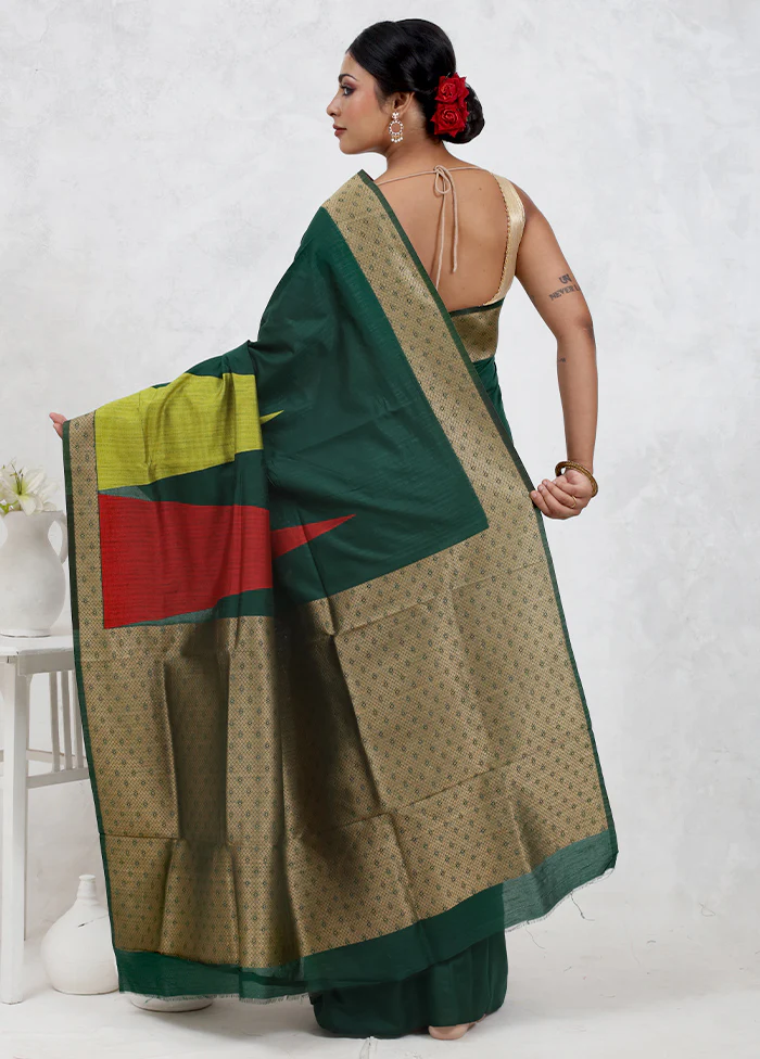 Green Dupion Silk Saree With Blouse Piece - Image 3