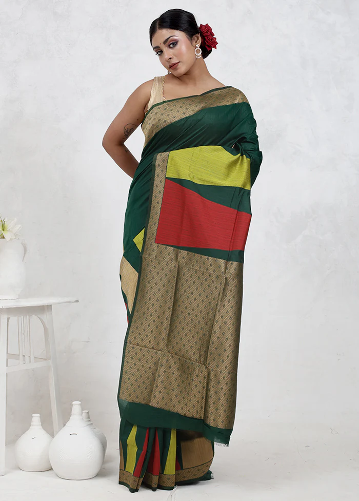 Green Dupion Silk Saree With Blouse Piece - Image 4