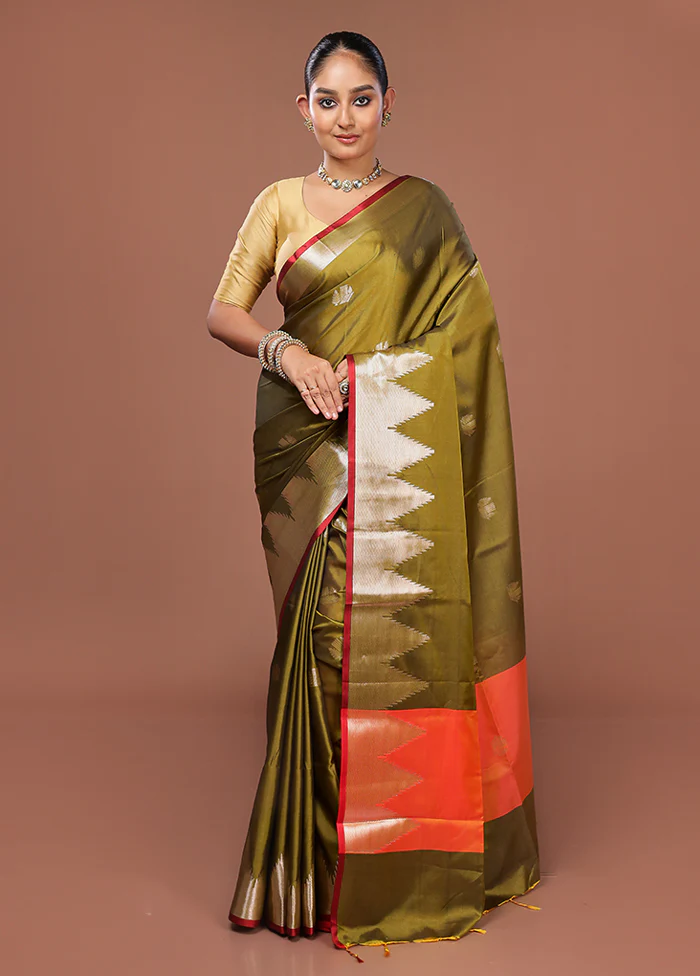 Green Dupion Silk Saree With Blouse Piece - Image 2