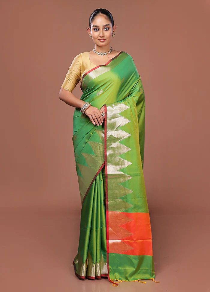 Green Dupion Silk Saree With Blouse Piece - Image 2