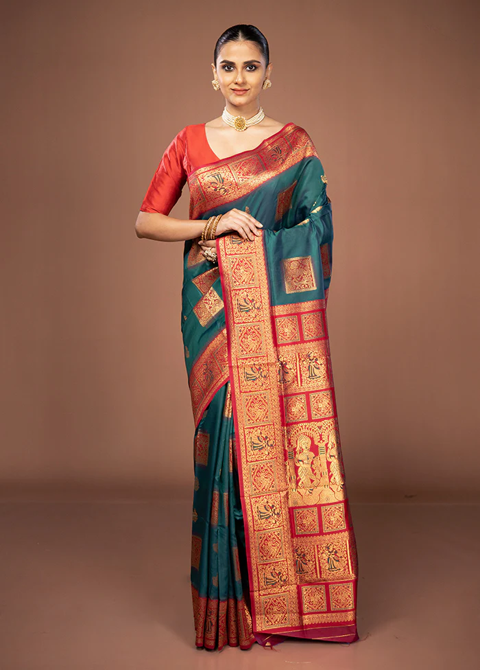 Green Dupion Silk Saree With Blouse Piece - Image 2