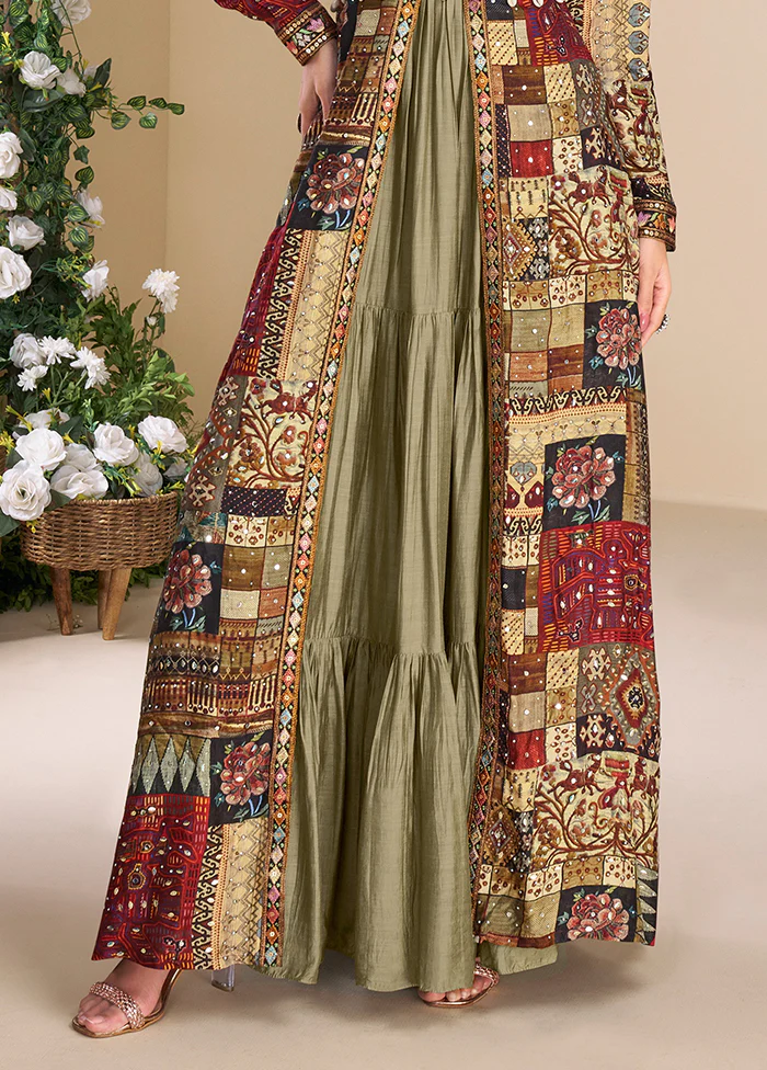 Green Embroidery Work Georgette Gown With Shrug Set - Image 3