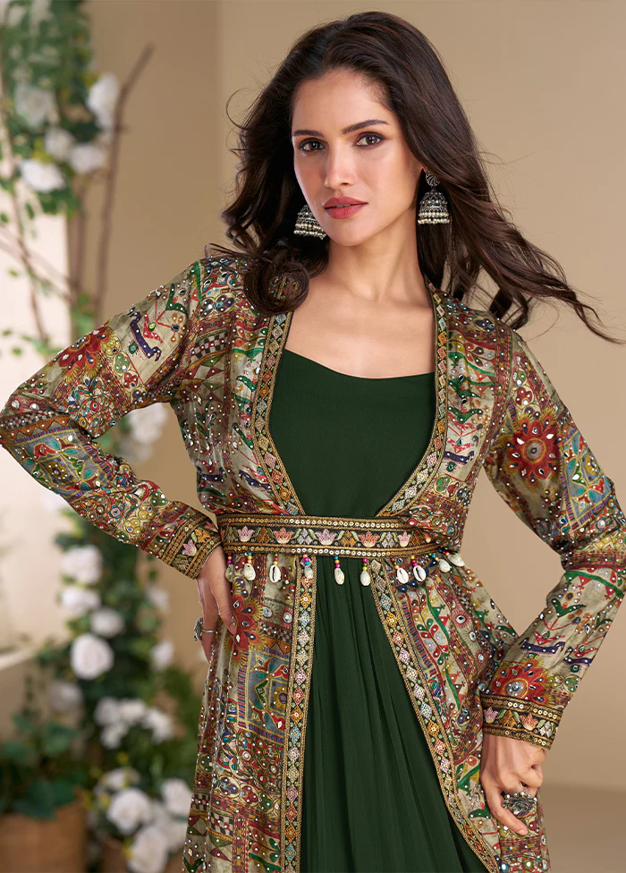 Green Embroidery Work Georgette Gown With Shrug Set - Image 2