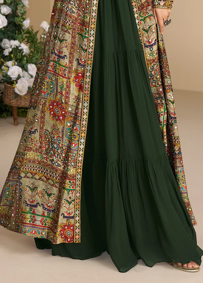 Green Embroidery Work Georgette Gown With Shrug Set - Image 3