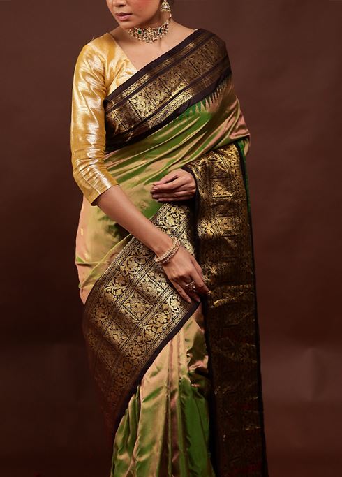 Green Gadwal Pure Silk Saree Without Blouse Piece - Image 5