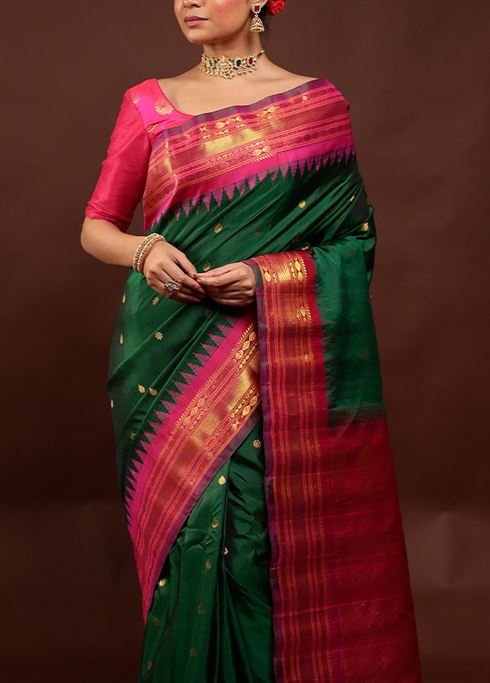 Green Gadwal Pure Silk Saree Without Blouse Piece - Image 5