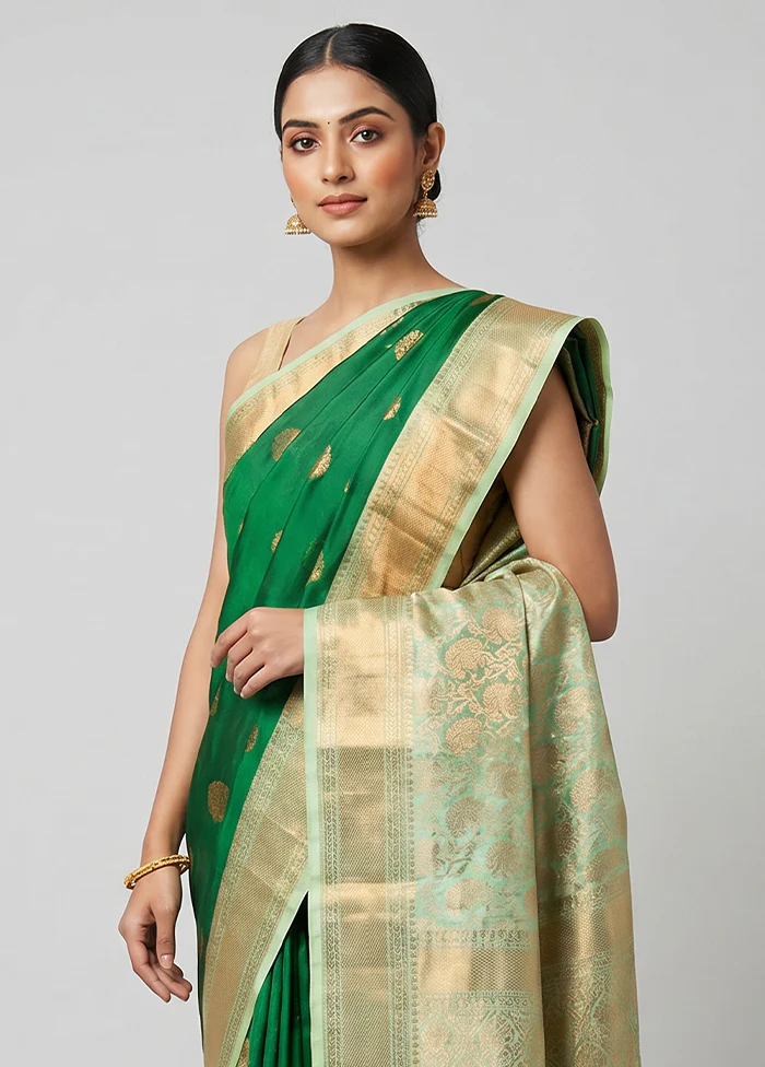 Green Gadwal Silk Saree Without Blouse Piece - Image 2