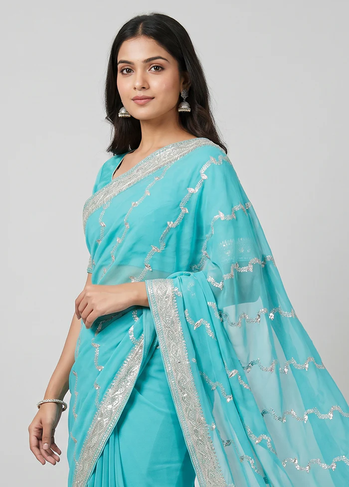 Green Georgette Saree With Blouse Piece - Image 2