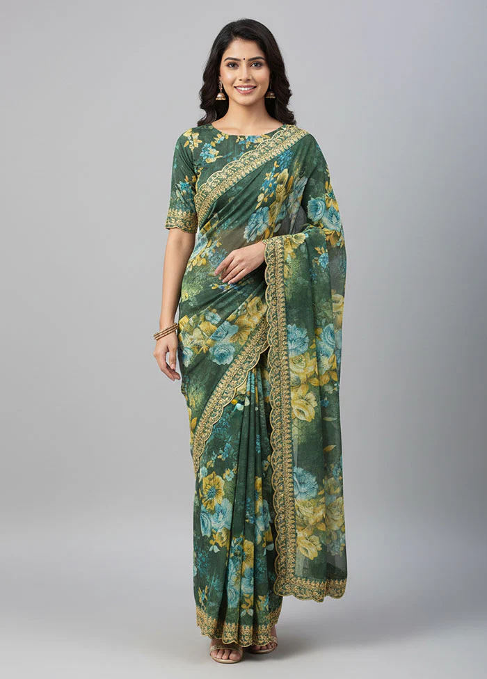 Green Georgette Saree With Blouse Piece