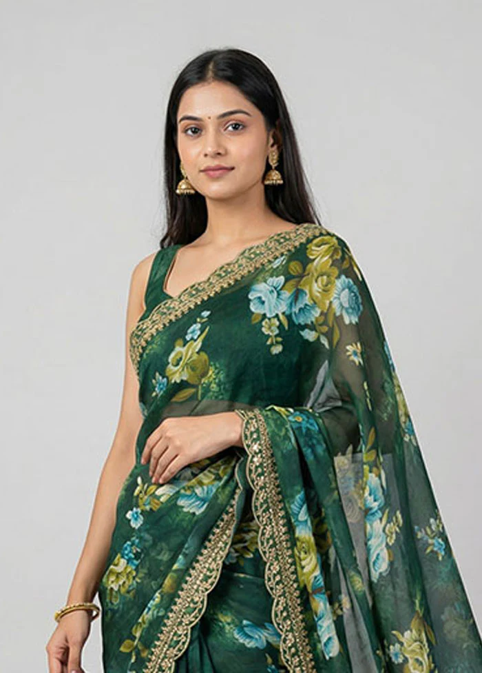 Green Georgette Saree With Blouse Piece - Image 2
