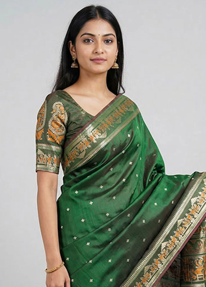 Green Handloom Baluchari Pure Silk Saree With Blouse Piece - Image 2