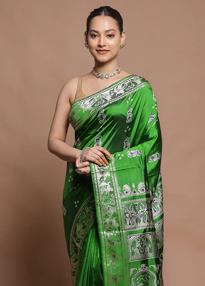 Green Handloom Baluchari Pure Silk Saree With Blouse Piece - Image 2