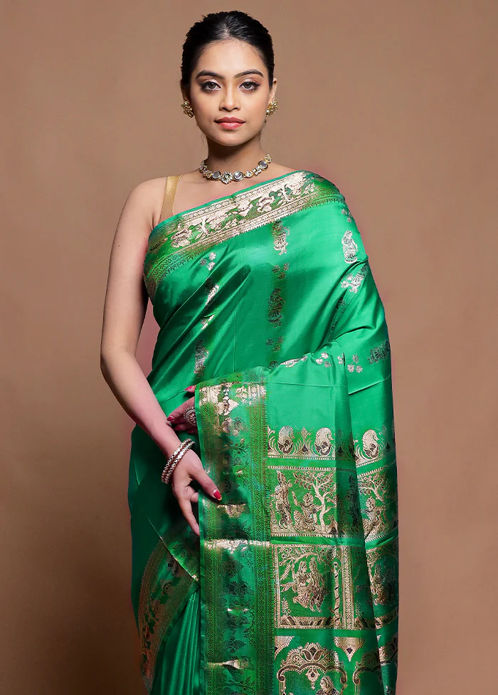 Green Handloom Baluchari Pure Silk Saree With Blouse Piece - Image 2